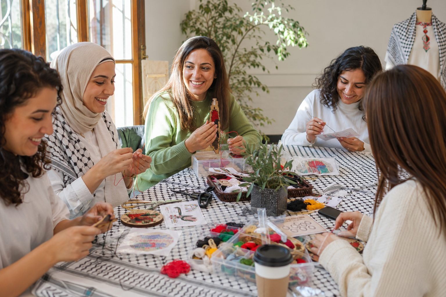 A joyful embroidery circle sharing patterns and stories