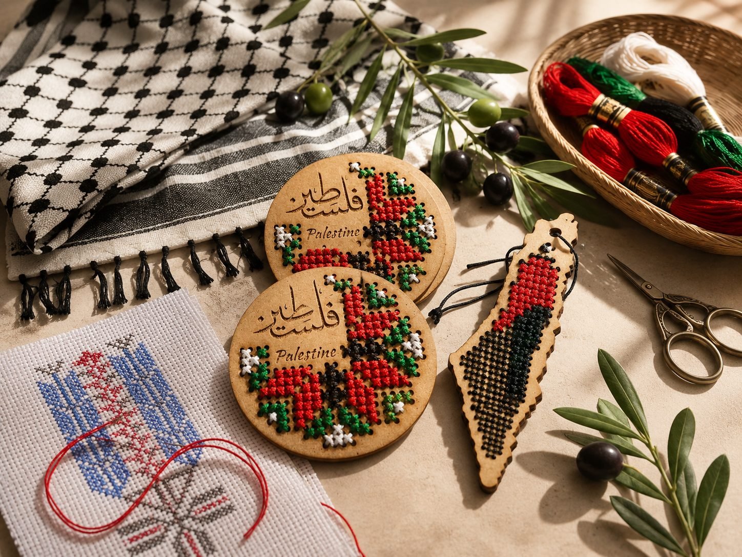 Embroidered keepsakes, olive branches and thread arranged on a table